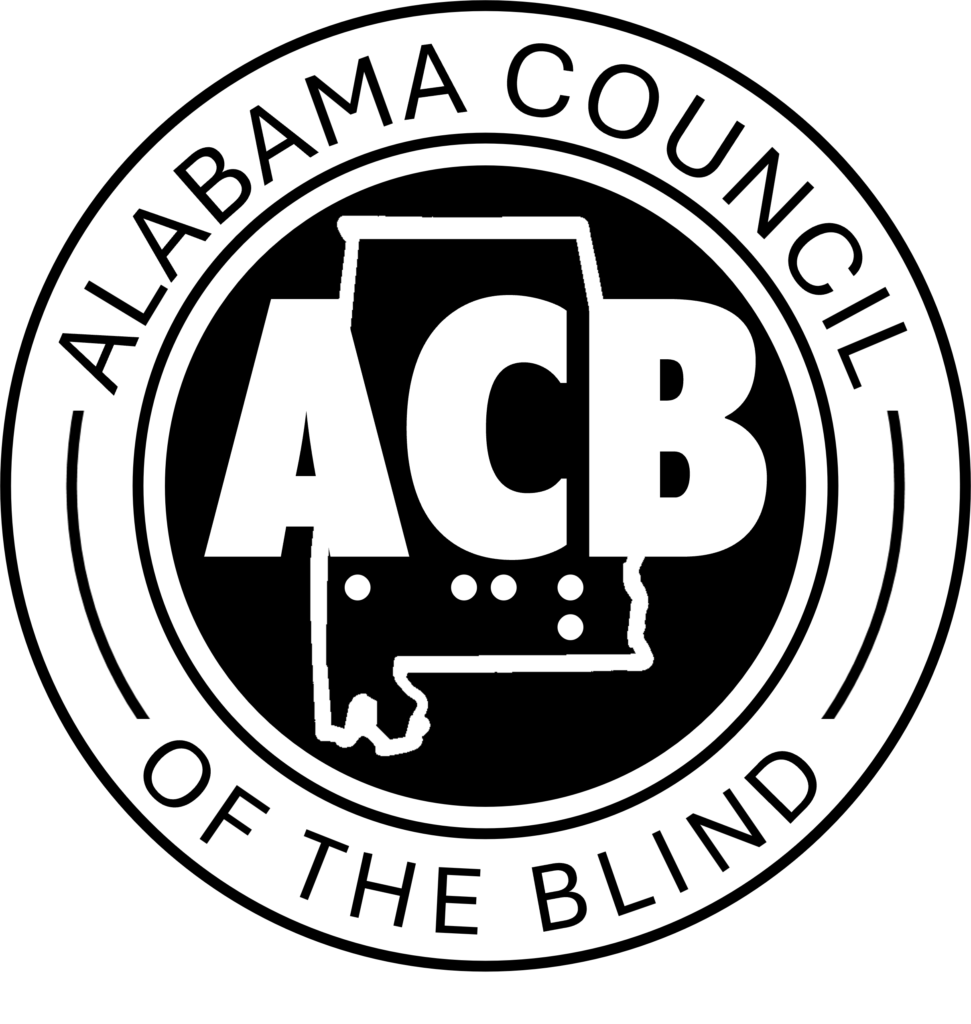 A black and white circular logo with the words Alabama Council of the Blind on the outside, on the with the text and two curved lines connecting the words in black. the inside is black with the leters ACB in print and Braille over the shape of Alabama in white.