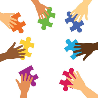 A diverse group of cartoon hands holding colorful puzzle pieces forming a circle.